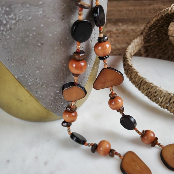 Vintage Boho long petrified chunky wood bead slice necklace - Picture 7 of 14